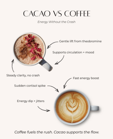 So sánh năng lượng cacao vs cà phê — không bị crash